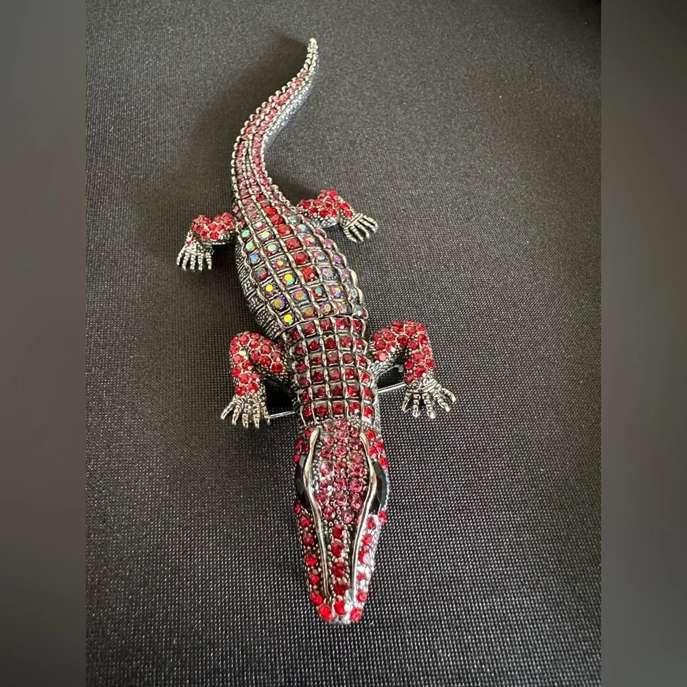 Red Rhinestone Alligator Figure Brooch